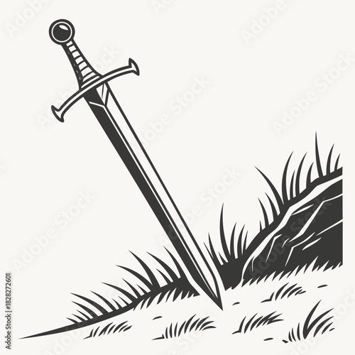 A solitary medieval sword is firmly planted in the ground amidst rough grass and rocks symbolizing strength legend and a decisive moment