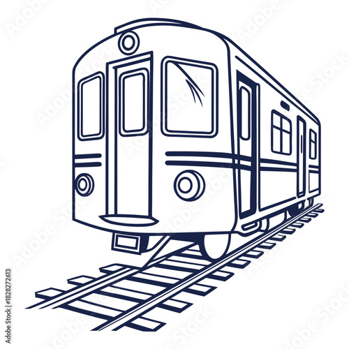 A stylized minimalist line art illustration of a classic commuter train moving forward on its tracks rendered in a bold dark blue outline against a clean white background