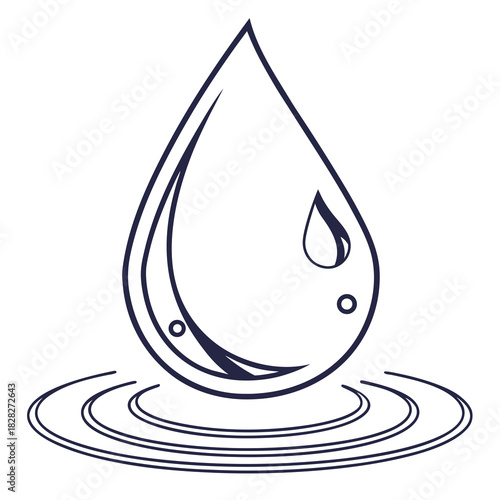 A minimalist dark blue line art illustration of a large water drop falling into rippling water symbolizing purity and freshness
