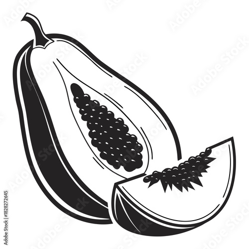 A stylized black and white illustration of a halved papaya fruit with its seeds visible and a slice of papaya next to it isolated on a white background