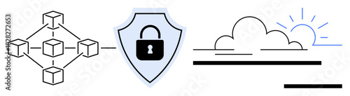 Interconnected blockchain network, shield with lock, and cloud with sunrise represent security, data protection, innovation, cloud computing, blockchain, digital transformation and privacy. Ideal