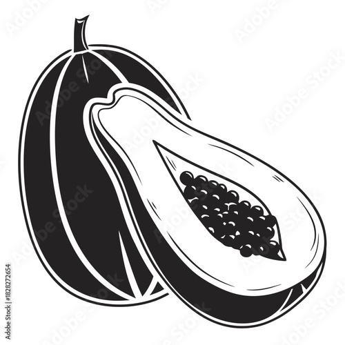 A stylized black and white illustration of a whole papaya fruit next to a half papaya revealing its seeds and flesh perfect for healthy eating concepts