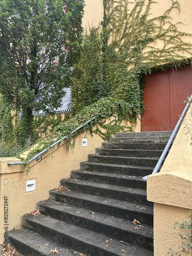 Berlin Germany October 2025 Ivy covered stairway leading to a red door on ochre building