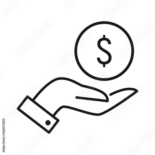 Outline dollar currency on palm hand icon flat style design.