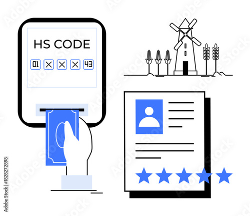 HS code entry with hand inserting money, windmill with crops, profile card with five-star rating. Ideal for trade compliance, finance, agriculture, identity verification, consumer feedback, rating
