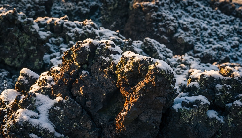 Obraz premium Volcanic Lava Rocks Covered in Fresh Snow and Ice at Sunrise