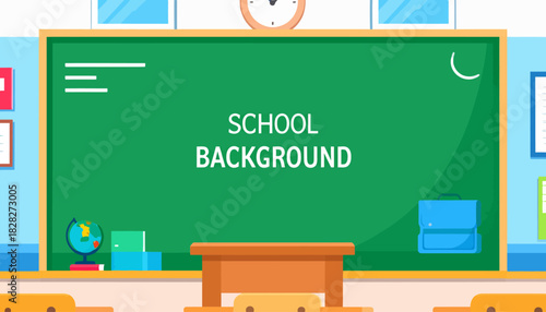 School Classroom Background with Green Chalkboard, Teacher's Desk, and Education Elements