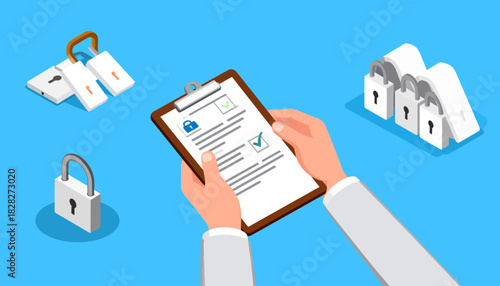 Isometric illustration of hands holding a clipboard with a data security and privacy compliance checklist, surrounded by various padlock and key icons.
