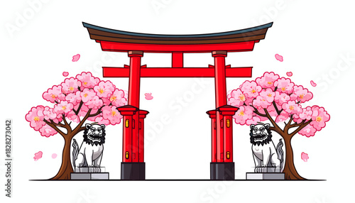 Japanese Torii gate with cherry blossom trees and komainu statues illustration