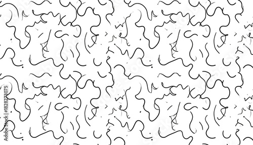 Seamless Abstract Pattern with Black Squiggly Lines and Random Dots on a White Background, Modern Minimalist Design