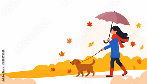 Woman walking her dog with an umbrella amidst falling autumn leaves
