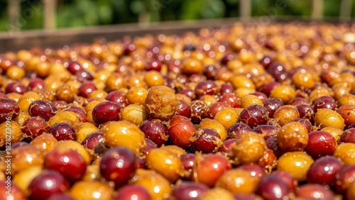 Macro Detail of Sticky Honey Process Coffee Beans Drying on Raised Beds, Specialty Coffee Production