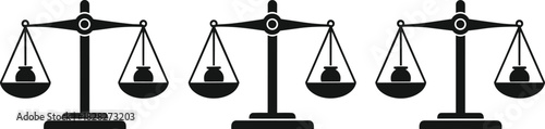 Balance scale illustration, equal mass comparison, pot and weight, physics concept, vector artwork, black and white design