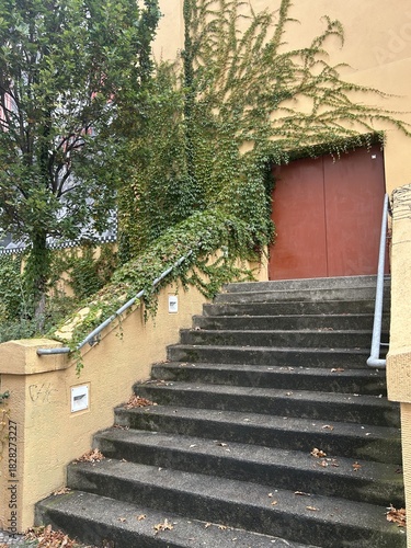 Berlin Germany October 2025 Ivy covered stairway leading to a red door on ochre building​