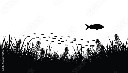 Vector artwork of aquatic life with fish movement and dense underwater plants in black and white