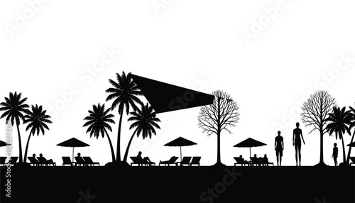 Beach resort silhouettes illustrated in vector showing palm trees umbrellas lounge chairs and relaxed people 