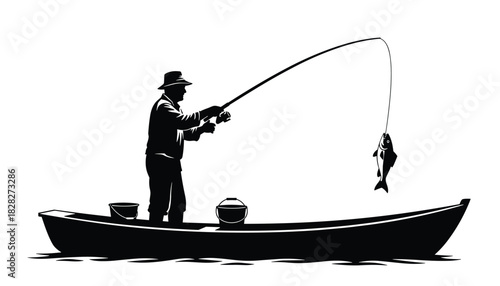 Fishing success captured in vector showing a person reeling in a fish from a small boat 