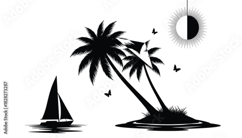 Vector artwork showing serene island with leaning palms flying birds and calm water 