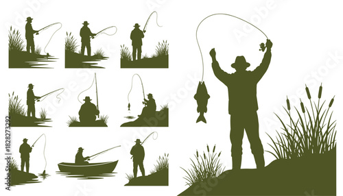 Nine fishing scenes drawn in vector capturing posture technique and water interaction 