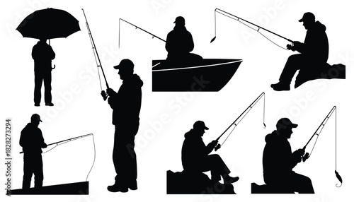 Fishing silhouettes illustrated in vector showing various postures from boat rock and shore 