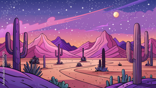 Illustration of desert landscape with cacti at night