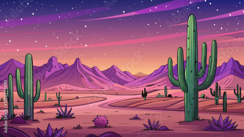 Illustration of desert landscape with cacti plants