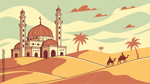 Illustration of a mosque in a desert landscape