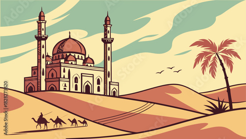 Illustration of a mosque in a desert landscape