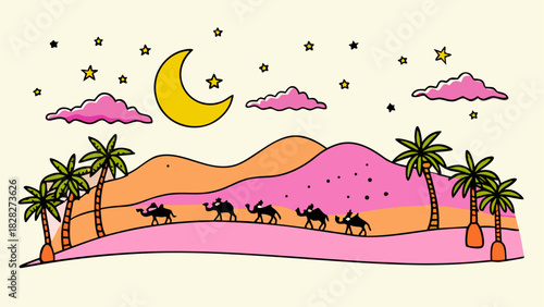 Caravan crossing desert under moon and stars