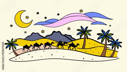 Caravan of camels walking through desert at night