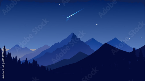 Night landscape with mountains and shooting star