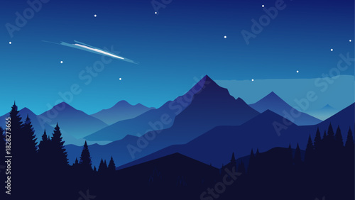Mountain range with stars and shooting star view