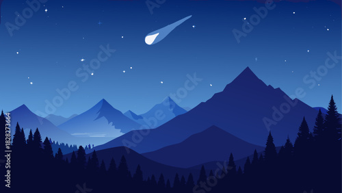 Landscape of mountains with a shooting star night