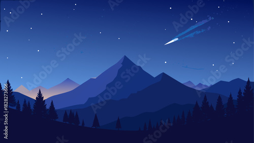 Night landscape with mountains and shooting star
