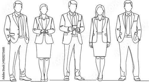Business team illustration, professional attire, formal clothing, corporate group, line art, vector artwork, white background