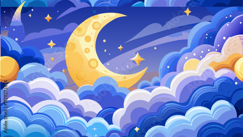 Illustration of moon stars and stylized clouds