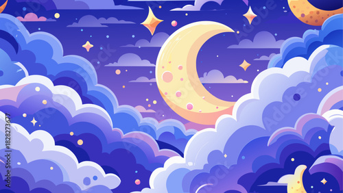 Crescent moon and stars in a cloudy night sky