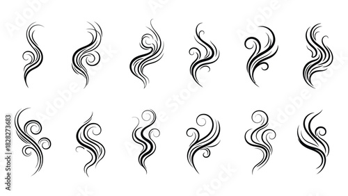 Abstract swirl line art set, elegant smoke, steam, aroma icons