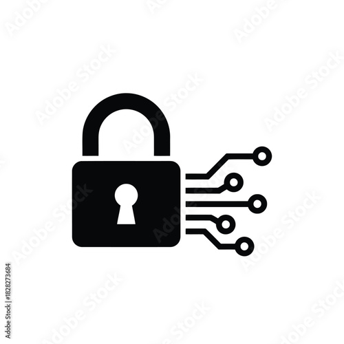 Digital padlock icon with circuit lines for cyber data security