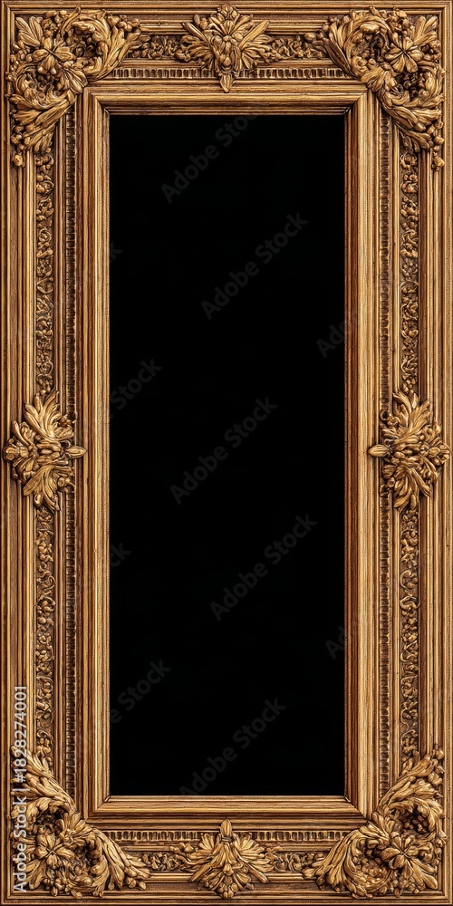 Obraz premium Confident realistic student-style painting in a rectangular soft gold wooden frame with brown outlines and subtle baroque decorations on corners and sides, isolated on deep black background.