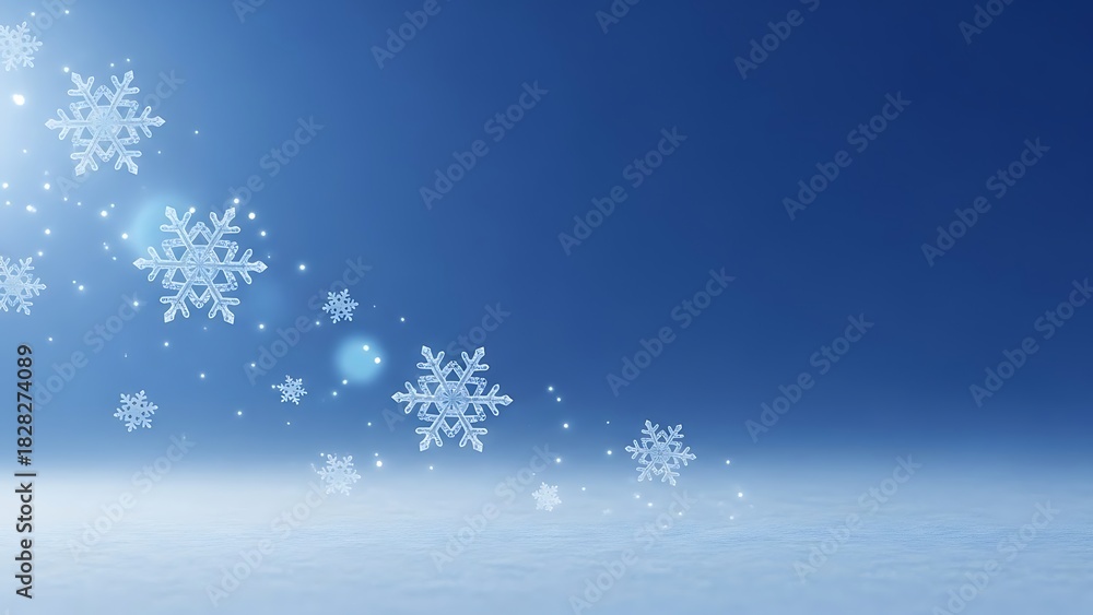 Fototapeta premium Falling snowflakes against a clear blue winter sky with soft light