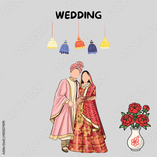 India wedding illustration depicts a festively decorated couple beneath hanging tassels celebrating their union.
