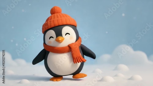 Happy Dancing Christmas Winter Penguin Wearing a Hat and Scarf