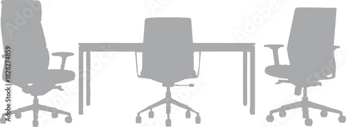 The image presents a trio of gray office chairs arranged around a simple table, emphasizing a cohesive and modern aesthetic. Here’s a breakdown of each chair's features and their overall arrangement: