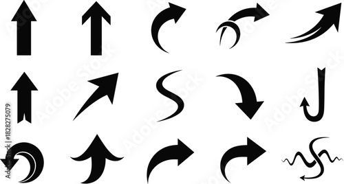Dynamic concept set of varied black arrow designs, illustrating direction, progress, and movement. Essential graphic pointers for web interfaces and modern digital projects