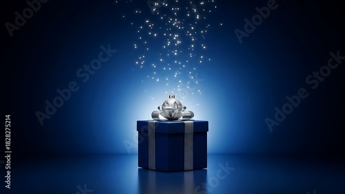 Mysterious blue gift box with sparkling light particles exploding upwards
