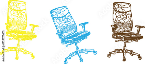 The image features a trio of office chairs illustrated in a minimalist style using thin lines, allowing for a clear focus 