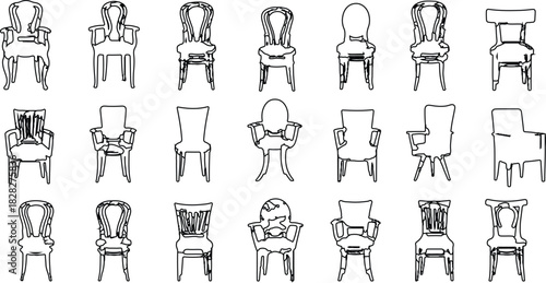  chair drawings, each rendered in black outlines against a clean white background. This minimalist presentation emphasizes the unique designs and shapes of the chairs, allowing viewers to 