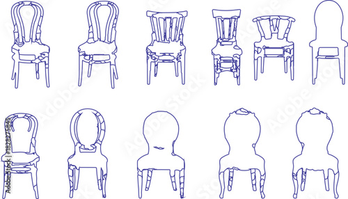 The image features a collection of eleven chair outlines rendered in a blue line art style, showcasing a diverse range of chair designs. Victor Illustrator Design