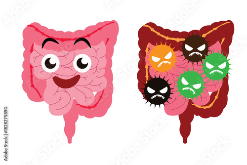 Healthy intestine versus infected intestine with harmful germs, illustrating digestive health contrast